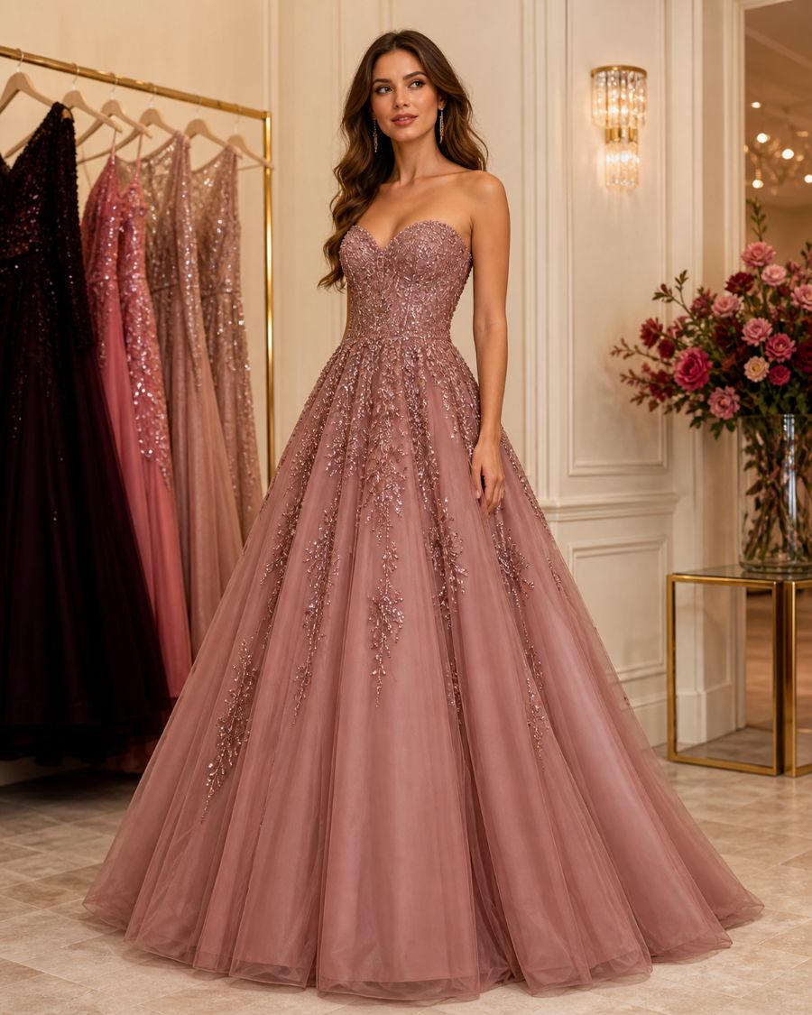 Roze galajurk met tule rok in de showroom